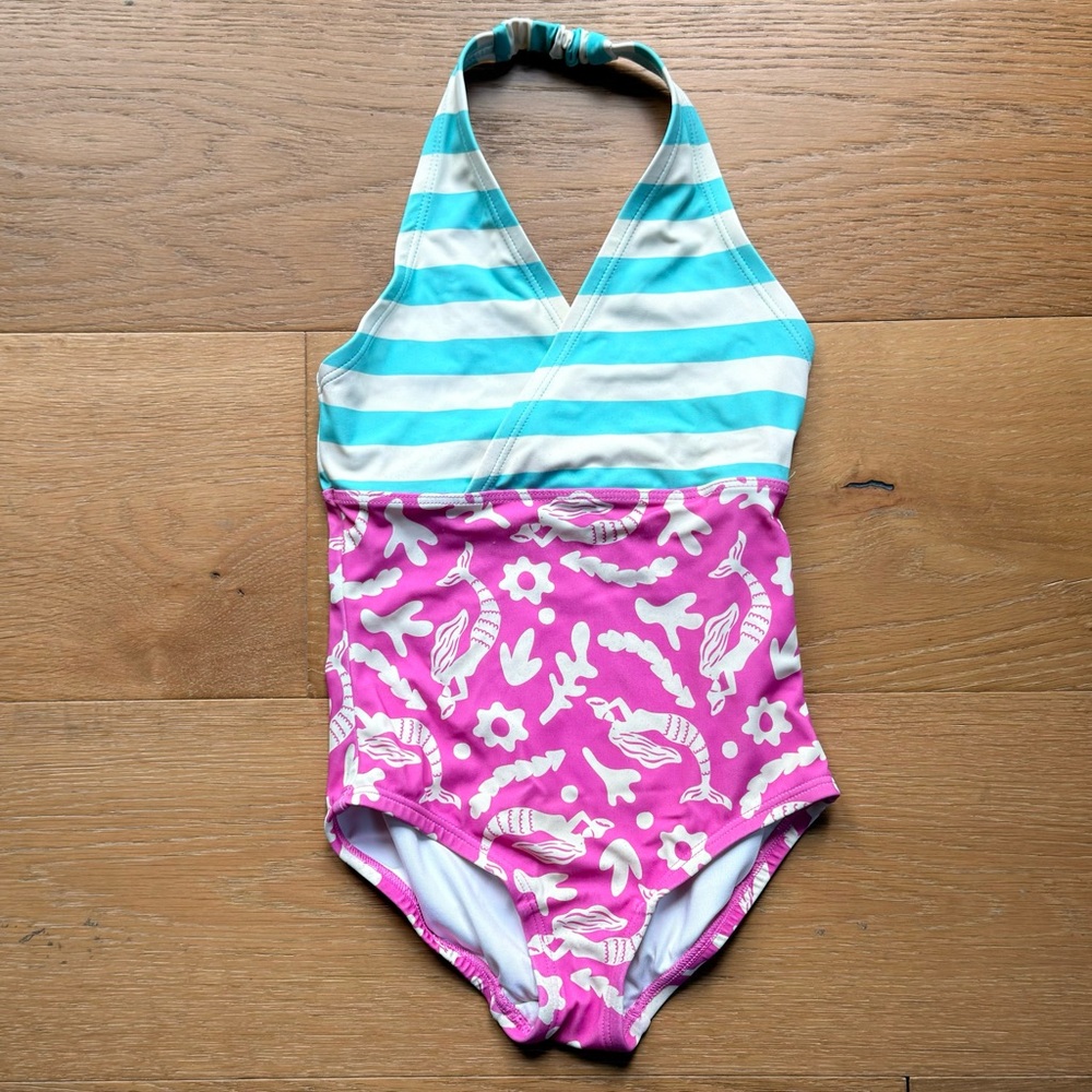 Hanna Andersson Girls One-Piece Swimsuit in Teal Stripe and Pink Print